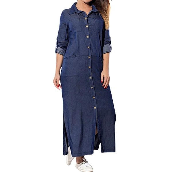 

2019 sexy streetwear передней кнопки длинного платья рыхлой синей длинный рукава осенних платьев vestidos feitong вскользь джинсовая рубашка, Black;gray