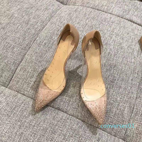 

clear pvc red bottom high heels luxury crystal pointed toe stiletto pumps brand dress party shoes woman wedding shoes co01, Black