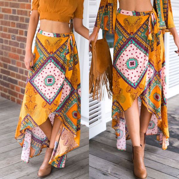 

для женщин высокой талии подвязать bohemian геометрических цветочные maxi long завернутой юбки асимметричной hem махаон пляж cover up sundre, Black