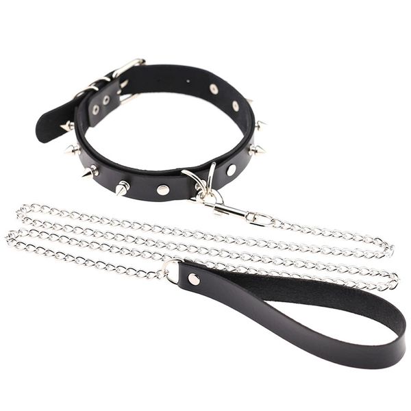 

womens man bondage necklace rivet metal pu leather collar traction rope, neckband for couple, Silver