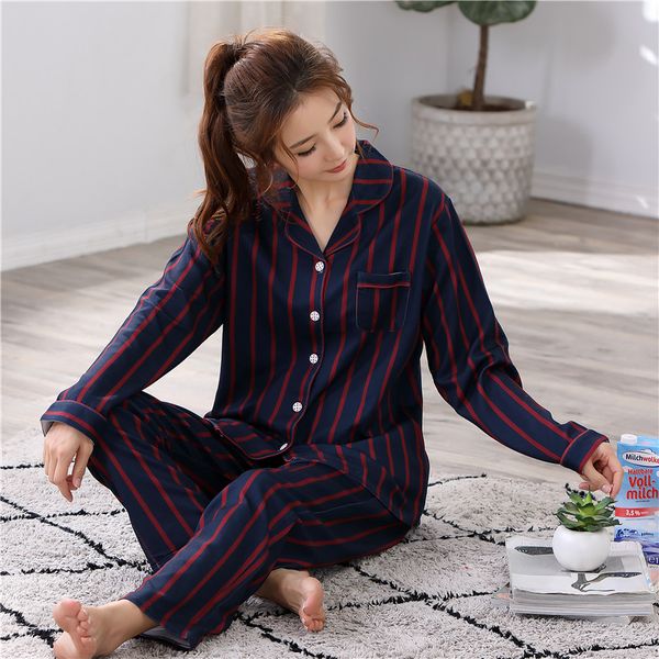 

spring cotton pajamas female striped to take, Blue;gray