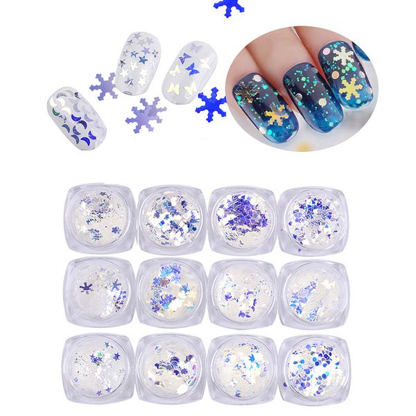

nail art glitter winter snow flakes irregular shapes design confetti sequins acrylic tip uv gel polishing nail art decoration, Silver;gold
