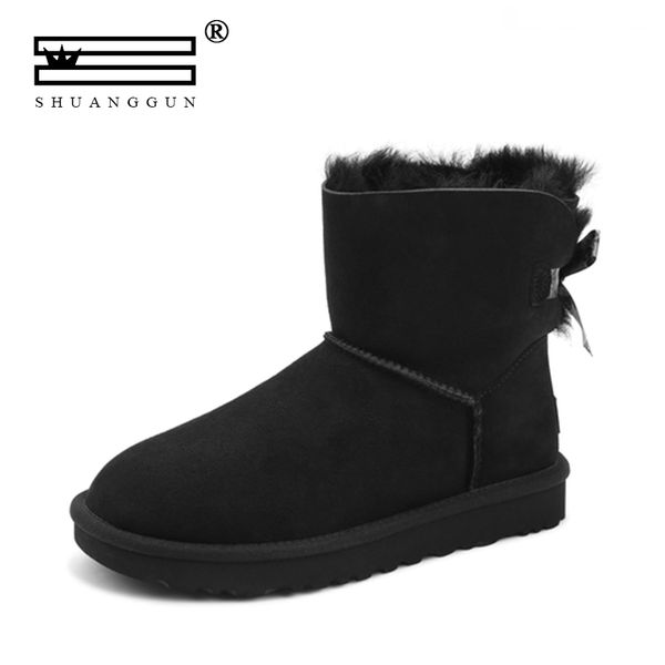 

shuanggun australian ankle boots wool sheepskin snow boots leather bow leopard lace up booties, Black
