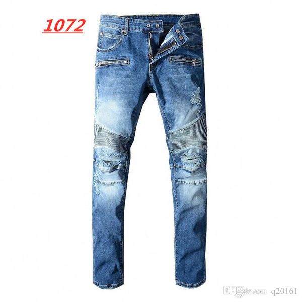 

оптовые новые мужские проблемные ripped байкер джинсы slim fit motorcycle biker denim для мужчин модельер hip hop мужские джинсы, Blue