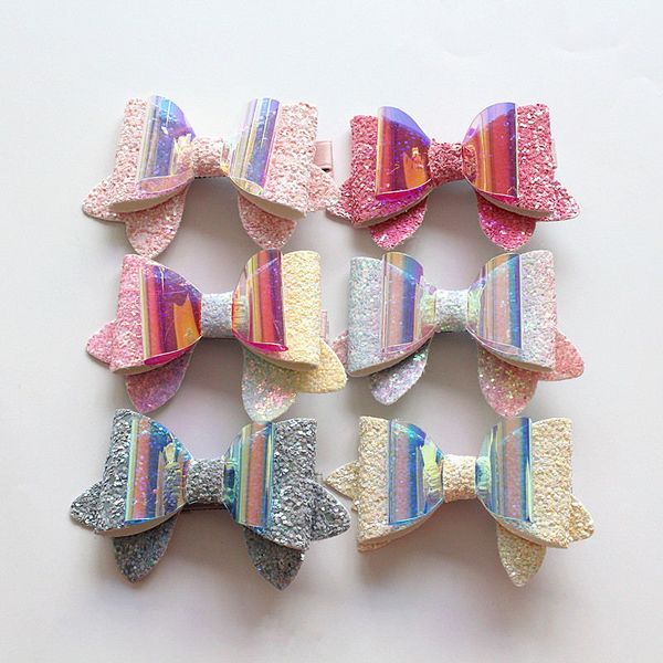 

2pcs/lot girls pvc hair clips 3 layers kids bows hair clip multicolor pu leather grip barrette accessory, Slivery;white