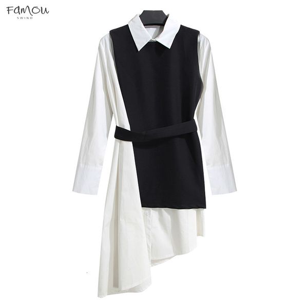 

Dress Shirt Autumn Womens Suit Two Piece Set Long Sleeve Lace Up Black White Asymetrical Vest Dress Female Clothes Korean