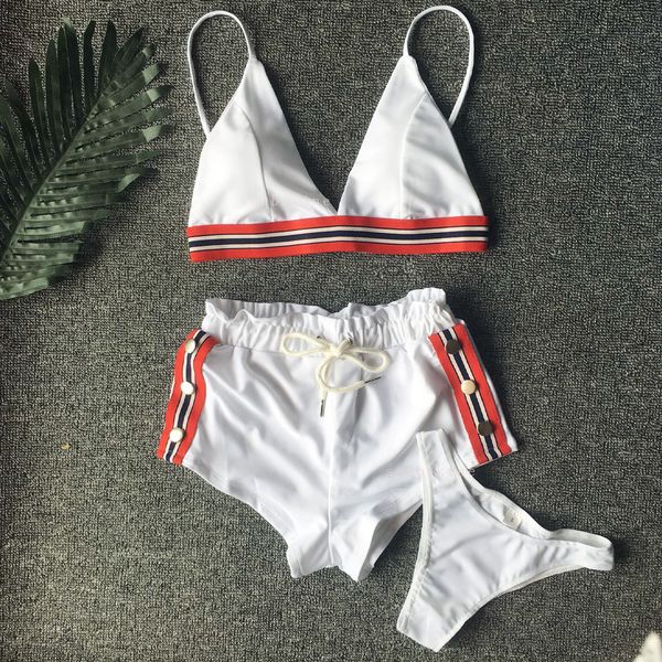 

new push up padded 3 piece straps women bathing suits 2019 summer striped high waist short beachwear jumpsuits casual playsuits, Black;white