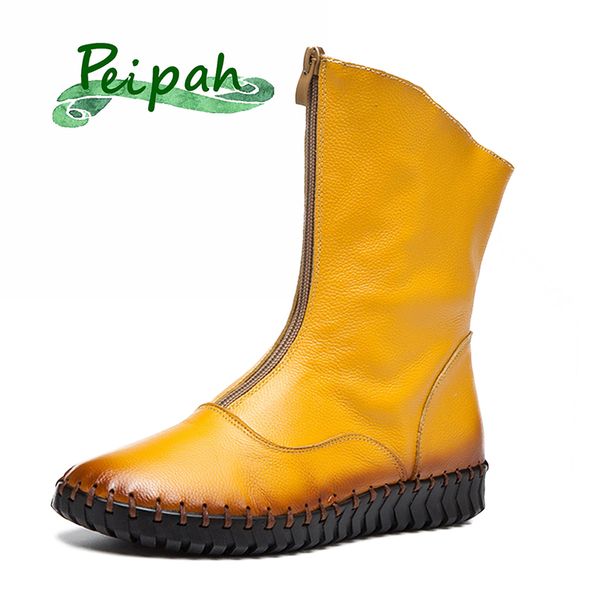 

peipah women's autumn boots genuine leather high boots for woman zipper fashion mid-calf winter shoes female flat shoes, Black