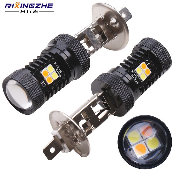

rxz 2pcs h1 led fog light 3030 led 16smd h1 car fog dual color white amber high power light driving drl lamp 12v car styling