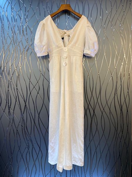 

2020 spring and summer new women's deep v-neck after neckline knot decorative puffed sleeves solid color siamese trousers 514, Black;white