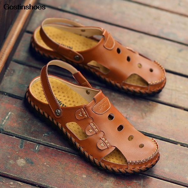 

sandale homme cuir sandalia masculina casual closed toe punched soft sole fashion shoes sandalias de hombre chappal for men, Black