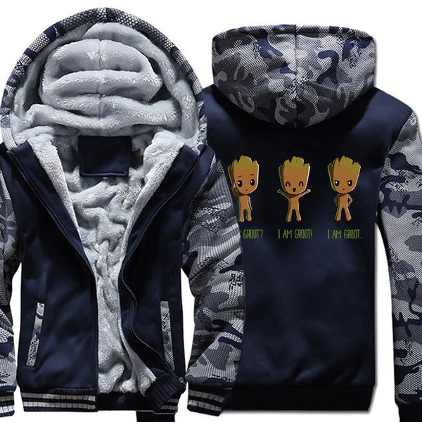 

long sleeve wool liner winter zipper sweatshirts i am groot cartoon hooded thick jacket men 2019 new brand tracksuits man's coat, Black