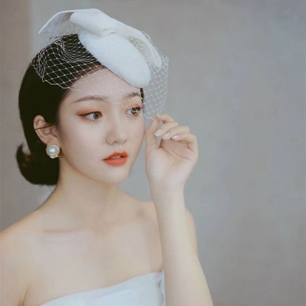 

hnhq1 japanese and korean style sweet bride mesh bow hair accessories lace head wedding headdress white lace hat wedding dress show accessor, Blue;gray