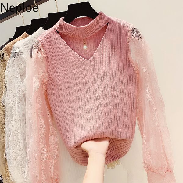 

neploe 2019 autumn winter new korean lace patch hollow flower sweater short v neck hoolow out pulloverssweet pull femme 46575, White;black