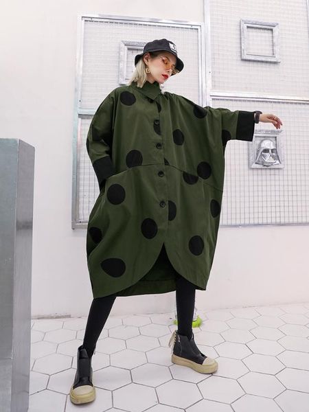 

2020 spring large size loose polka dot cardigan coat casual long turn-down collar pattern coat fashion women, Tan;black