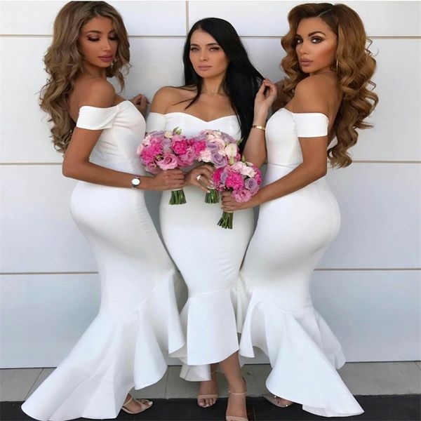 

2020 bridesmaid party dresses off-shoulder short sleeve ruched satin mermaid evening dress hi-lo floor-length party gown, Black;red