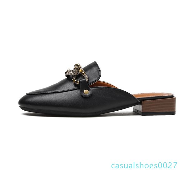 

closed toe mule women low heel slipper metal decoration shoes slides casual slip on loafers mules sandalias mujer black beige c27