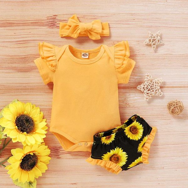 

infant baby girls clothes sets solid romper bodysuit+sunflower shorts outfits headband newborn baby girls summer clothes sets, White