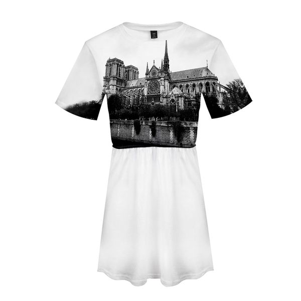 

notre dame de paris 3d printed women dress fashion summer short sleeve dresses 2019 casual trendy streetwear clothes, Black;gray