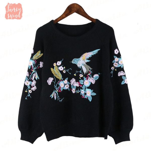 

long sweater new fashion womens pullover embroidery o neck spring puff sleeve knitted pullovers knittingwear drop shipping, White;black