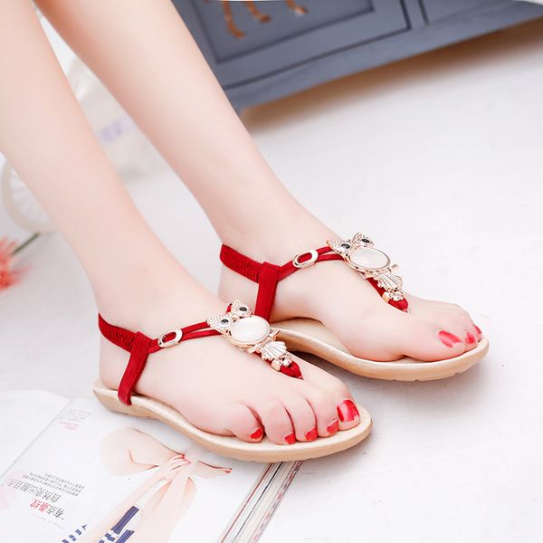 

women's shoes 2019 summer new bohemian beaded flat bottom sandals clip toe beach women's sandals, Black