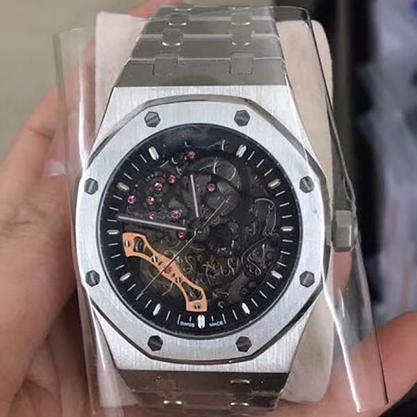 

new fashion mens watch silver skeleton mechanical sweeping movement 42mm sapphire glass stainless steel bracelet wristwatches, Slivery;brown