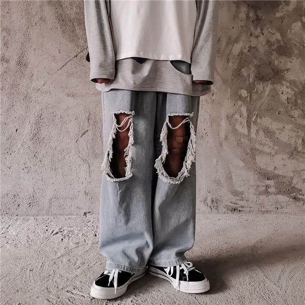 

ripped hole hollow knee fashion vintage loose straight punk denim pant women man korean harajuku hip hop streetwear wide, Blue