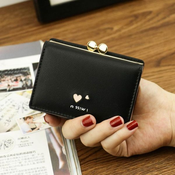 

wallet and purse short 2019 new female korean version students cute little fresh ins100 solid color love folding wallet, Red;black