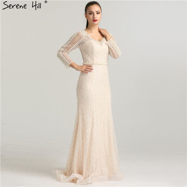 

long sleeves mermaid luxury sparkle evening dress crystal pearls fashion tulle evening gowns 2019 serene hill la6428, White;black