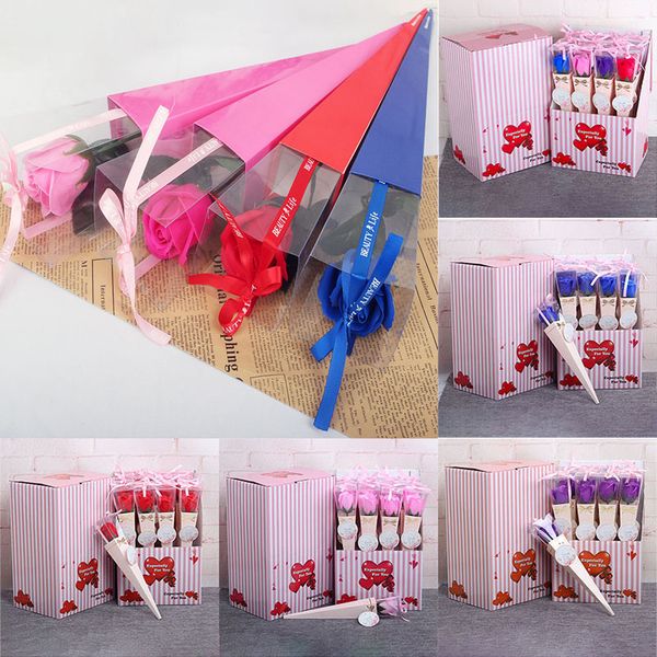 12 pçs / lote Flores artificiais Sabonete rosa com caixa de plástico caixa de pacote romântico flor para o dia dos namorados festa de casamento wx9-1771