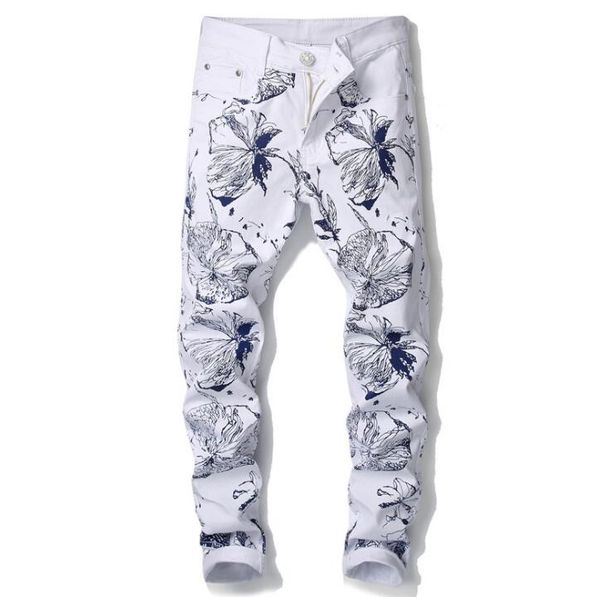 

american style digital printing white jeans men biker jeans men trousers male denim pants masculino motorcycle fashion designer, Blue