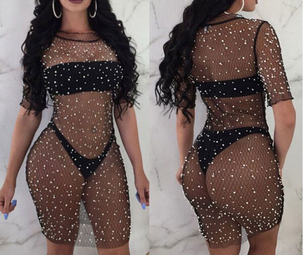 

drop shipping sequins beach dress women mesh transparent cover up short sleeve ladies swimsuit high waist bathing suit cover-up, Blue;gray