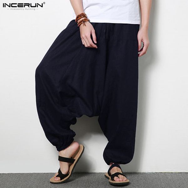 

men's large crotch harem pants plus size 5xl elastic dance pants men trousers loose linen men joggers incerun, Black