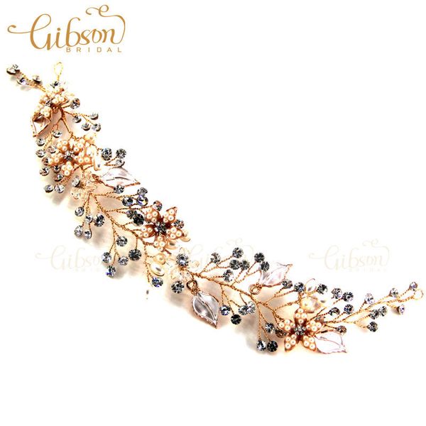 

design gibsonbridal exquisite flower leaf crystal pearls wedding hair vine headband bridal headpiece party hair accessory, Golden;white