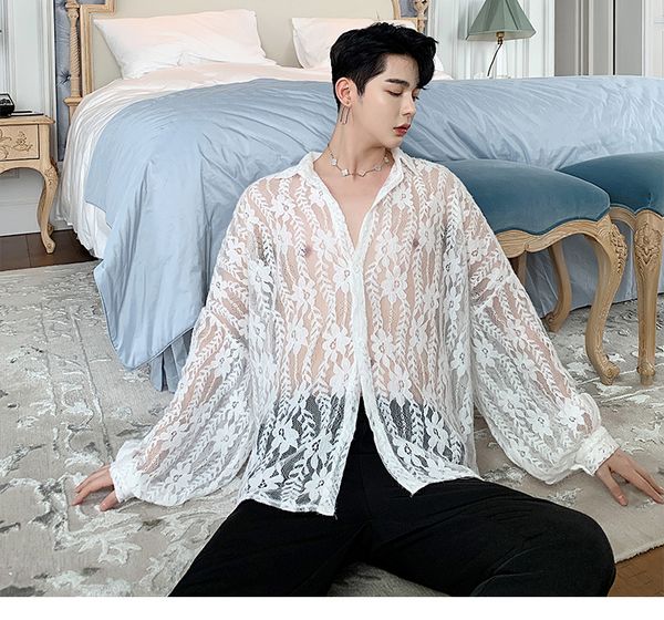 

men streetwear hip hop long sleeve oversize vintage fashion lace hollow shirts male women loose party dress black white shirts, White;black