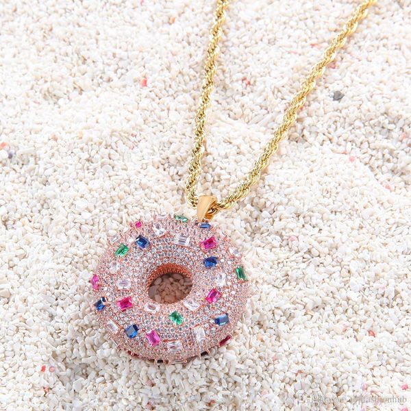 

Donut Pendant Necklace Coloured Zircon Doughnut Ornaments Iced Out CZ Stone Necklaces Sweet Buns Pendant Men