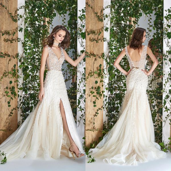 

light champagne wedding dresses v neck lace 3d floral appliqued side split mermaid wedding dress sweep train custom beach bridal gowns, White