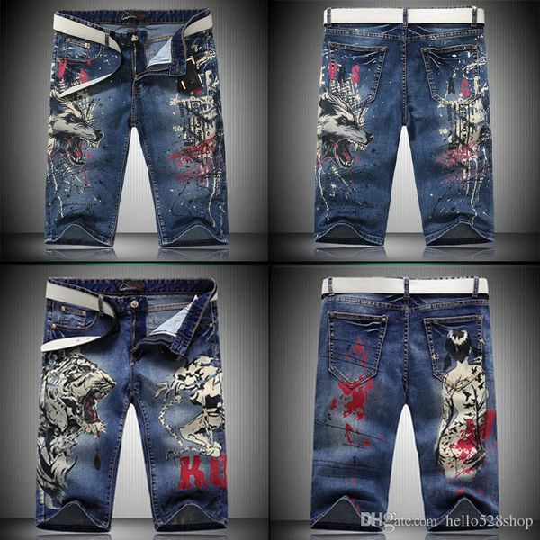 

super good quality men's personality trend printing dragon denim shorts european and american men's pants waist pants for summer, Blue