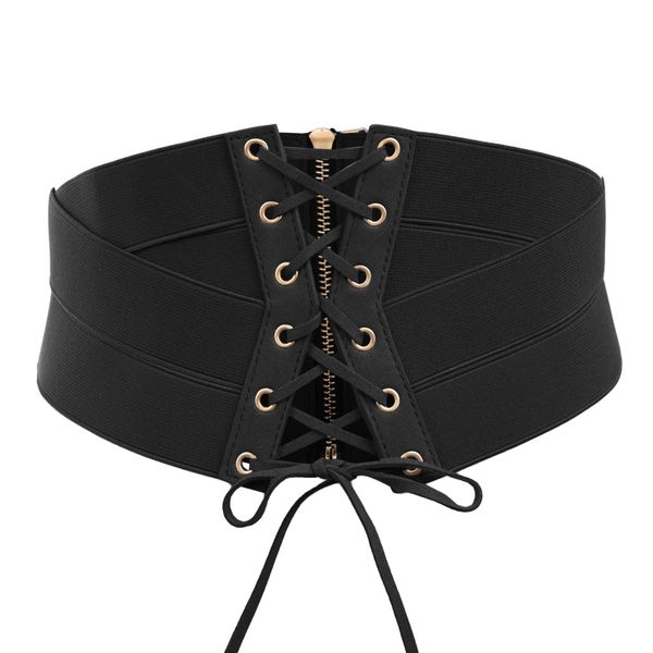 

new solid women belts ladies retro vintage corset lacing style metal zipper back elastic stretch cincher waist belt waistband, Black;brown