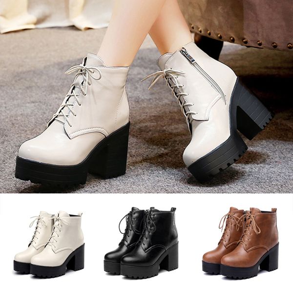 

fashion pure color round toe zipper boots square heels vintage women boots, Black