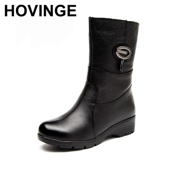 

hovinge fashion crystal wedge women boots genuine leather mid calf winter warm snow boots women cotton botas, Black