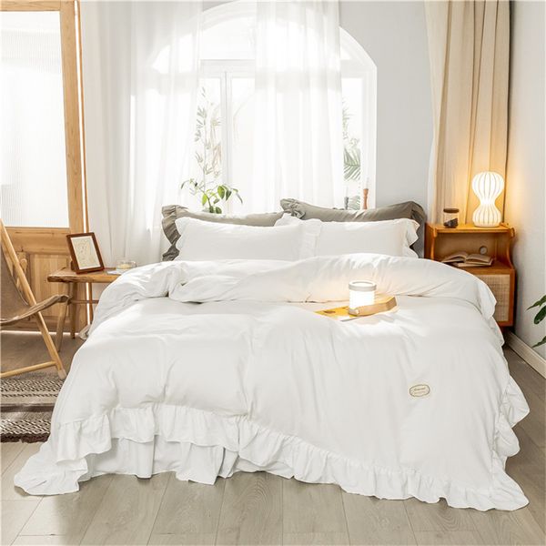 Solid Color Ruffled White Duvet Cover Bed Sheet Pillowcase Queen