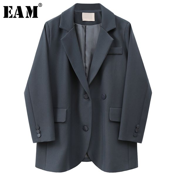 

eam] women dark gray brief button split blazer new lapel long sleeve loose fit jacket fashion tide spring autumn 2020 1x174, White;black