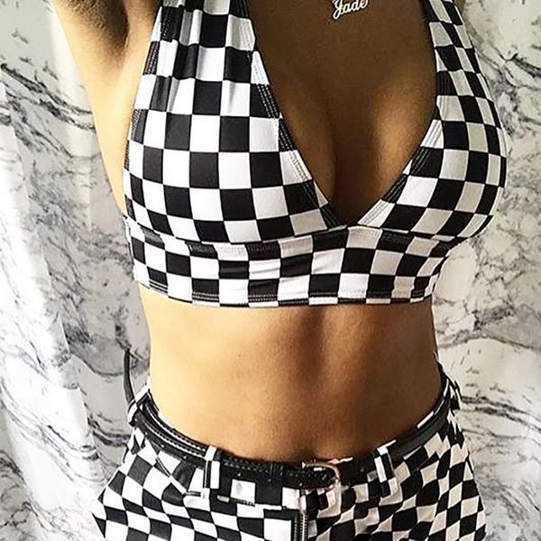 

v neck checkerboard crop bra backless bandage cropped tank vest checkered fashion summer tanks, White