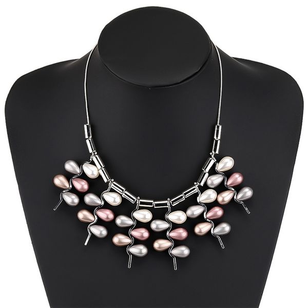 

fashion long multi-layer alloy necklace collar imitation pearl tassel mixed color ladies necklace jewelry, Silver