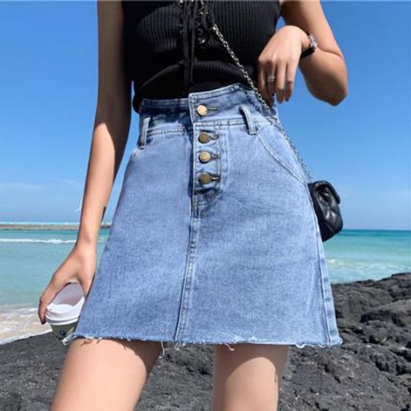 

mini a-line skirts women's summer high waist jean skirts female denim skirt irregular saia jeans casual pockets button jupe, Black