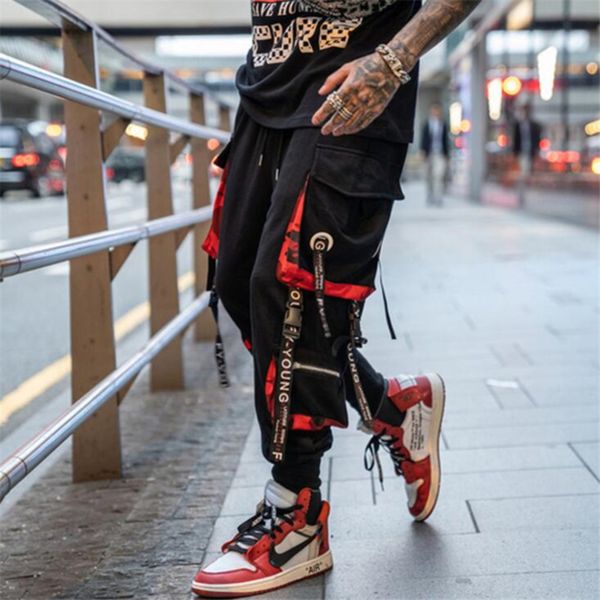 

mens hip hop pant side pockets vintage camouflage cargo pant streetwear gzk casual harem trousers jogs loose feet, Black