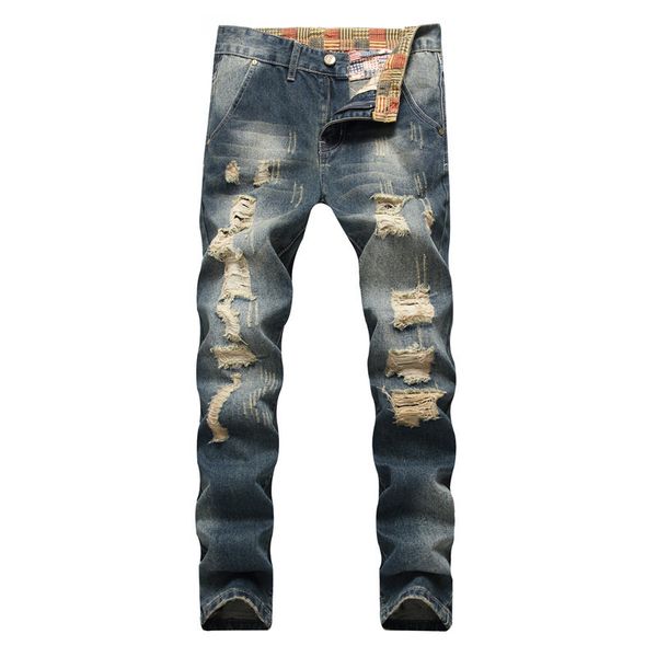 

men jeans straight retro distressed ripped jeans slim fit vintage casual hip hop biker moto hole pants,ty001, Blue