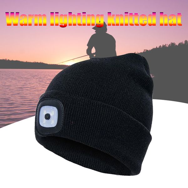 

led beanie hat usb rechargeable knit hat with light for outdoor fishing hiking bb55, Black