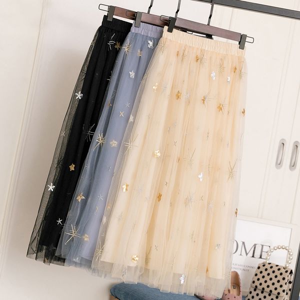 

sequined stars embroidered metallic pleated long mesh skirt sequins tulle tutu mid calf long skirt designer, Black